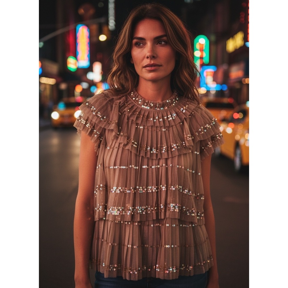J Crew Ruffled Sequin Tulle Blouse Taupe Short Sleeve Women's Size S